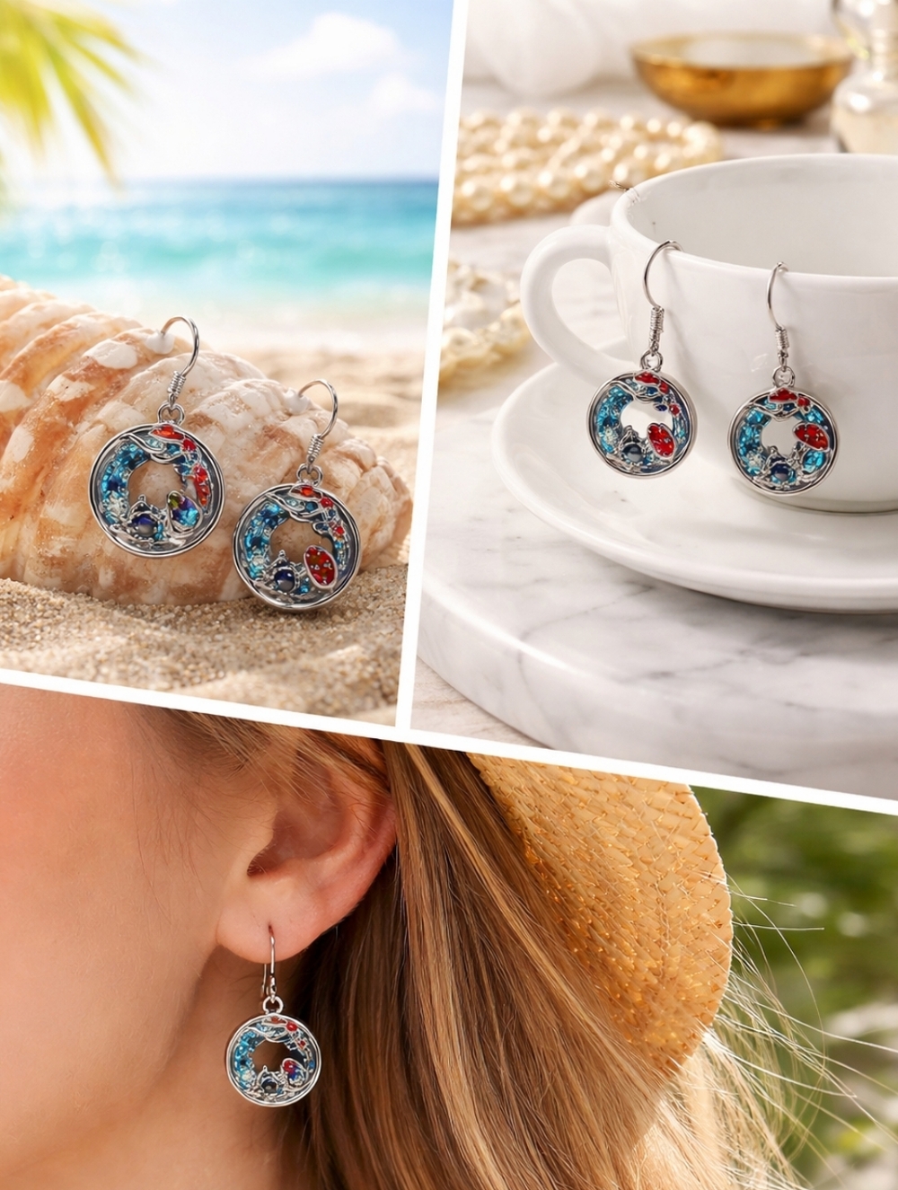 Whimsical Frog & Mushroom Enamel Hoop Earrings - Sterling Silver Plated Dangle